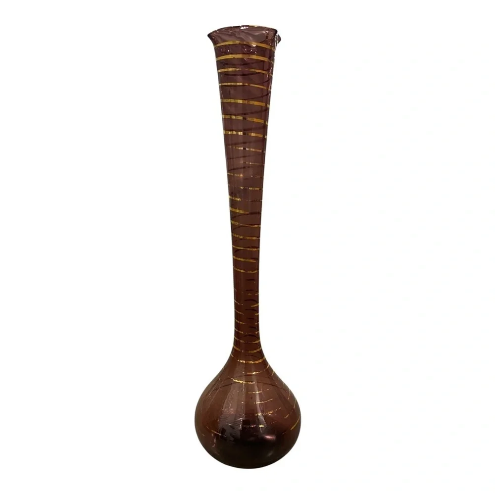 Elegant Handblown and Hand Decorated Purple and Gold Glass Vase- tall stem vase